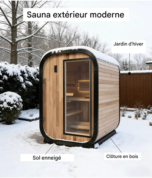 Sauna extérieur moderne en bois installé dans un jardin enneigé avec porte vitrée et design arrondi