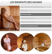 Infographie sur les bienfaits associés au sauna avec scènes de relaxation dans une cabine en bois