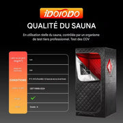 Cabine sauna infrarouge portable avec structure isolante noire et intérieur rouge pour séance à domicile