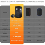 Comparatif technique d’un sauna infrarouge portable avec lumière rouge, puissance de chauffe et dimensions