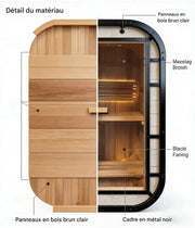 Détail des matériaux d’un sauna extérieur avec panneaux en bois clair, cadre en métal noir et intérieur lumineux