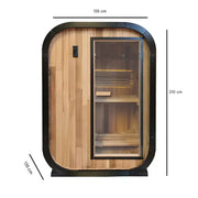 Dimensions d’un sauna extérieur en bois moderne avec largeur 135 cm, profondeur 135 cm et hauteur 210 cm