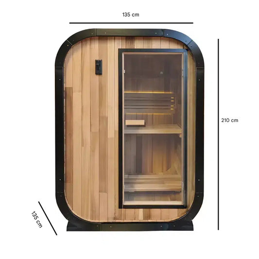 Dimensions d’un sauna extérieur en bois moderne avec largeur 135 cm, profondeur 135 cm et hauteur 210 cm