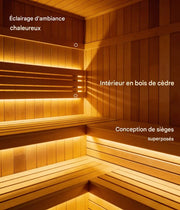 Intérieur en bois de cèdre d’un sauna extérieur avec bancs superposés et éclairage LED chaleureux