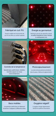 Détails techniques d’un sauna dôme infrarouge avec revêtement en cuir PU, lumière rouge, réglage de température et zones mobiles