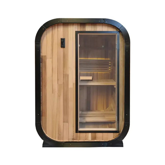 Sauna extérieur moderne en bois avec porte vitrée, cadre noir et éclairage intérieur chaleureux sur fond blanc