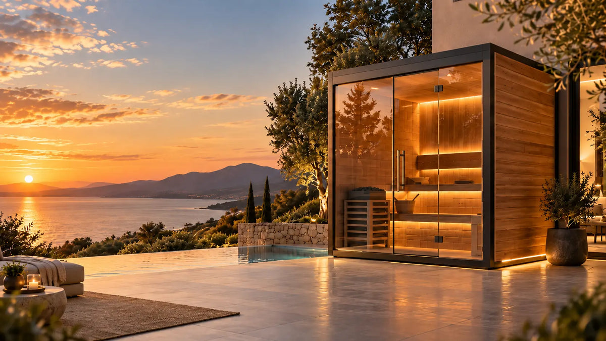 Sauna extérieur haut de gamme en bois avec façade vitrée, vue mer et coucher de soleil, proposé par Mon Sauna Maison