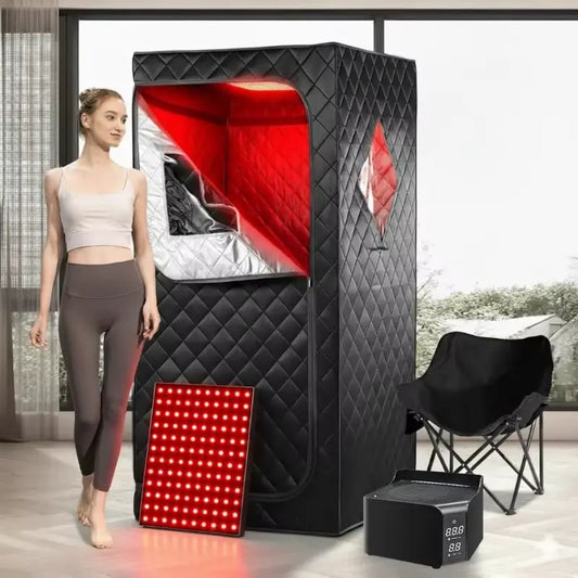 Sauna infrarouge portable avec cabine noire, chaise pliante, chauffage et panneau de lumière rouge