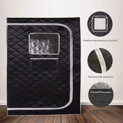 Sauna vapeur portable noir avec fenêtre ouvrable, fermeture éclair et poche pratique